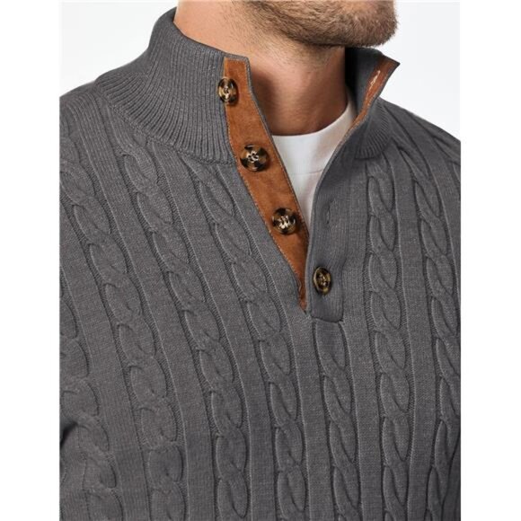 NEW Men's Cable Knit Pullover Sweater Casual Long Sleeve Stand Collar - Picture 5 of 6